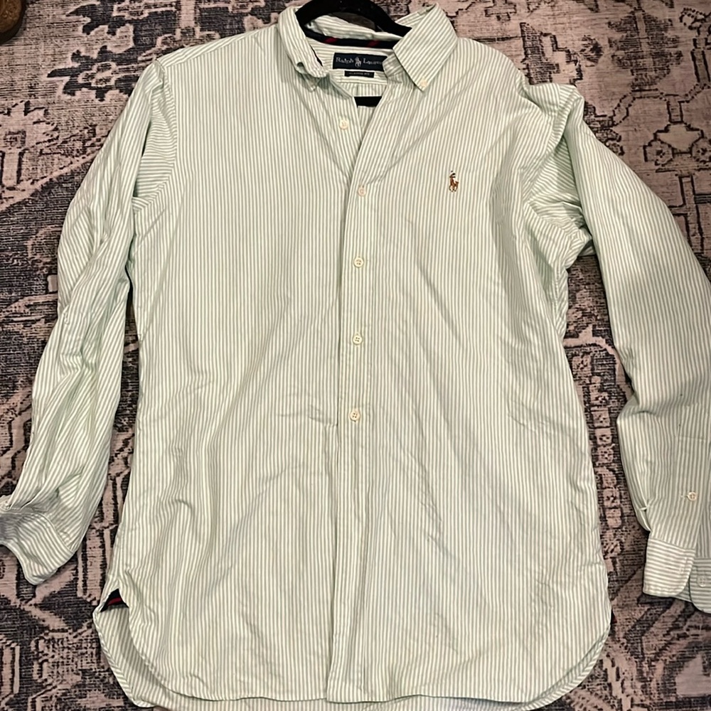 Ralph Lauren men’s pinstripe shirt green white classic oxford medium